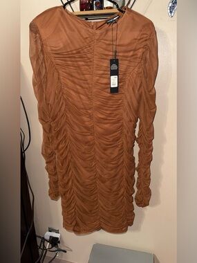 Ruched Long Sleeve Mesh Dress in Brown